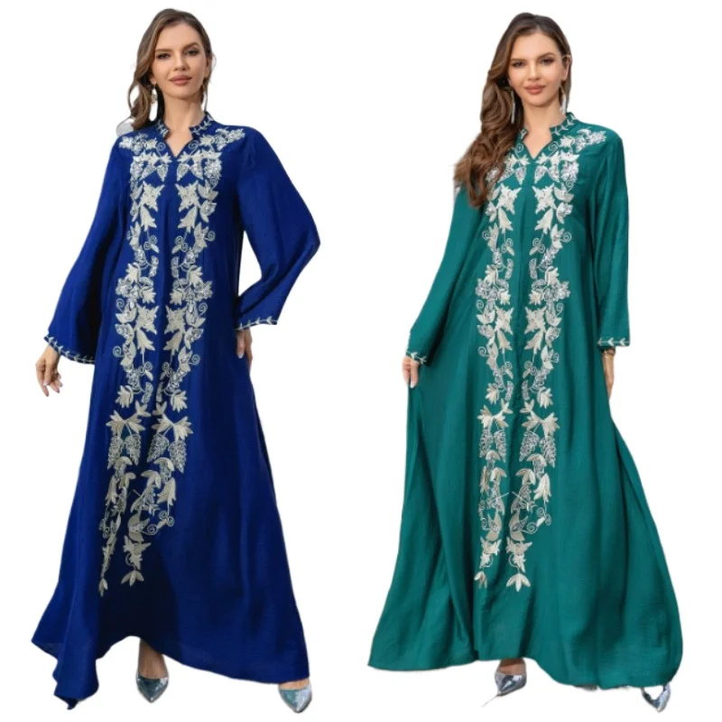 

2025 New Ramadan Muslim Embroidery Luxury Woman Evening Dresses Dubai Women's Loose Sleeve Abayas M-2XL