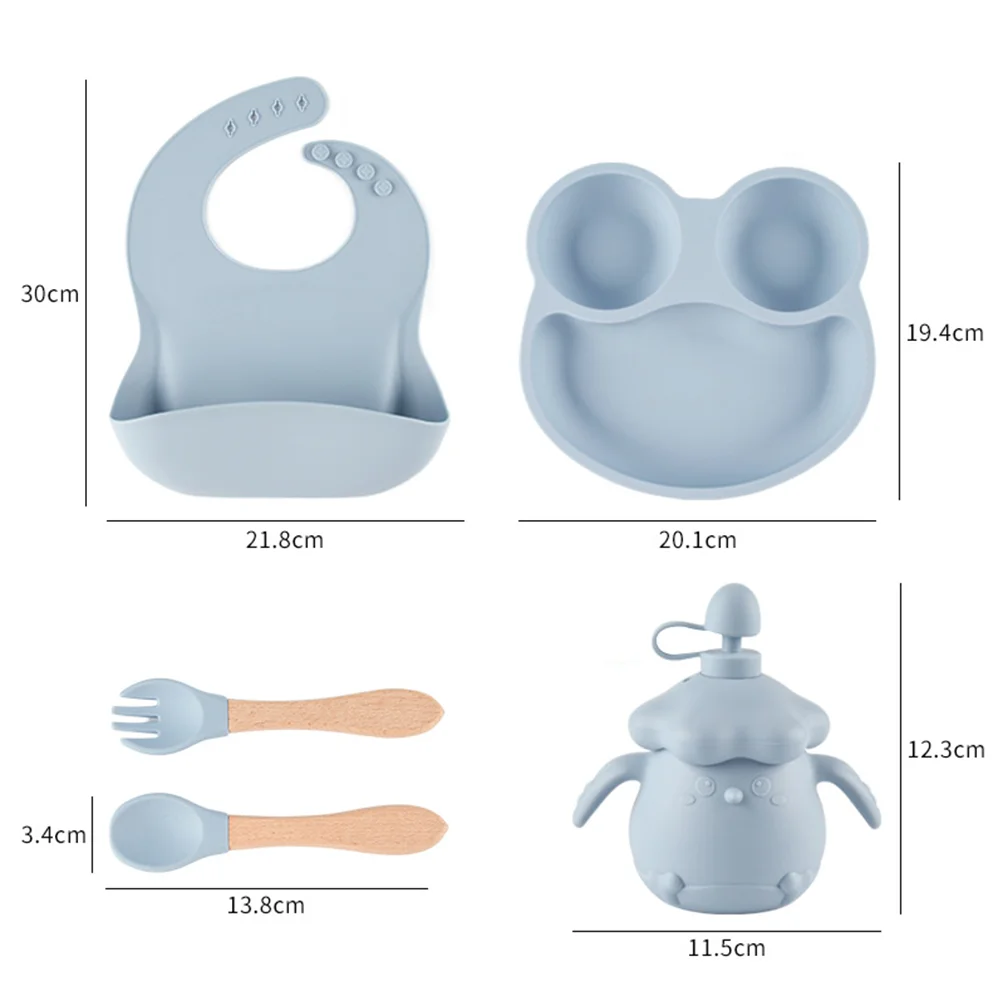 4PCS Silicone Children Tableware Baby Feeding Set Silicone Dinner Plate Wood Handle Spoon Fork Silicone Bibs BPA Free