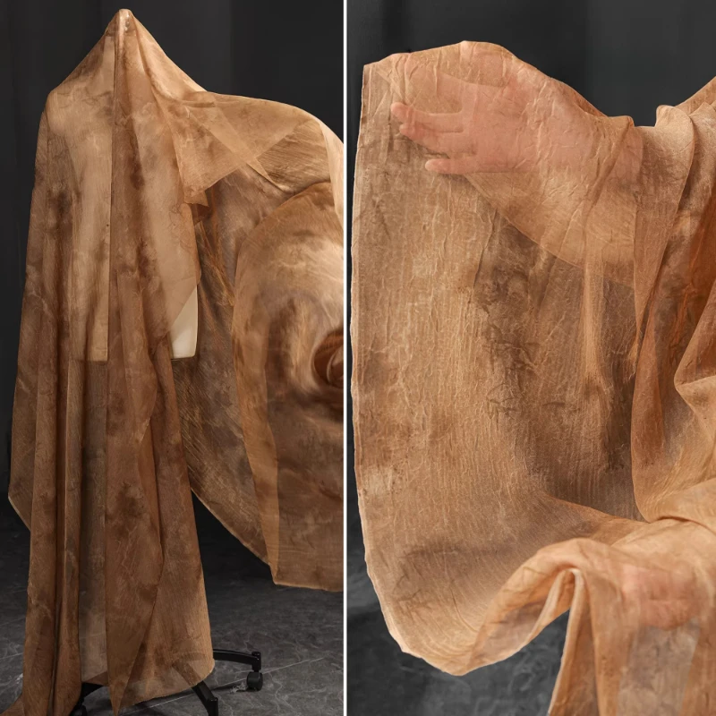 Yellow Brown Ink Wash Bamboo Thin Gauze Fabric Textured Flowy Vintage Distressed Tie Dye Cardigan Designer Fashion Fabric