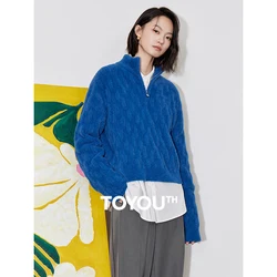 TOYOUTH Women Knitted Sweater 2024 Autumn Winter New Grid Pattern Zipper Polo Collar Fake Fur Pullover Tops