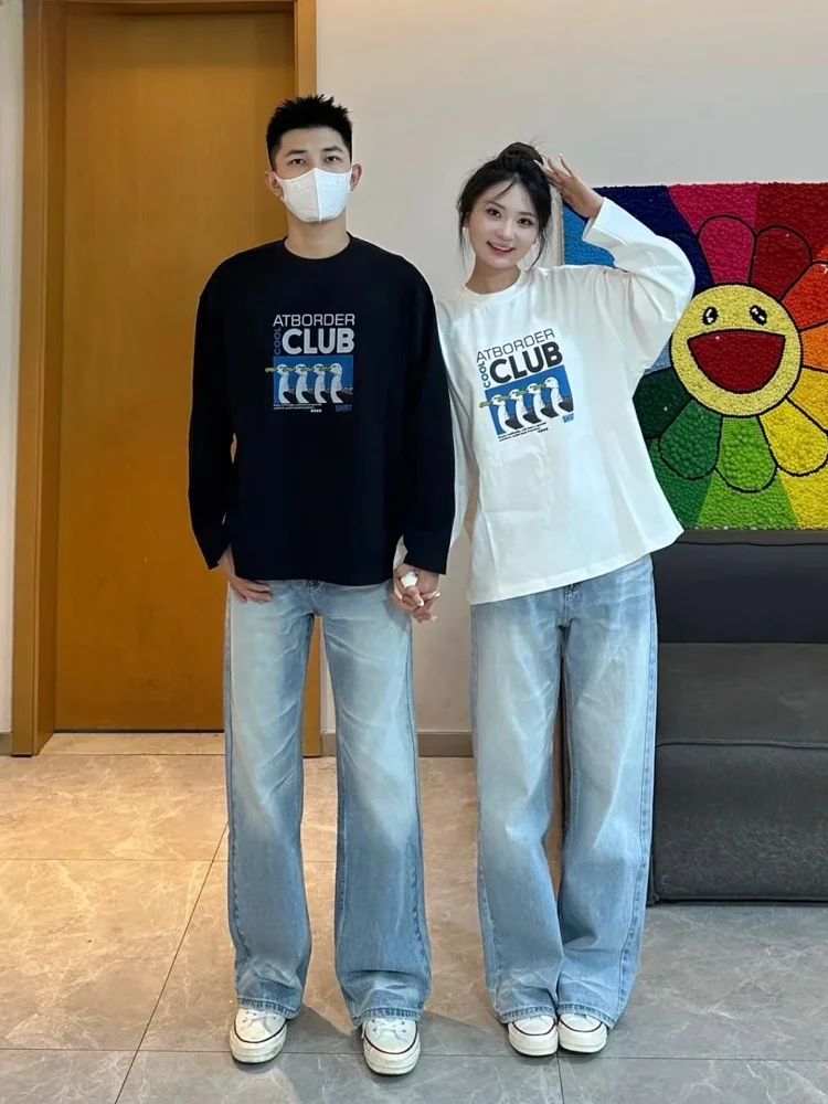 

Джинсы из денима с эффектом градиентного вываривания, синие, с высокой талией, прямые, свободные, широкие, длинные брюки, осенняя мода для мужчин и женщин