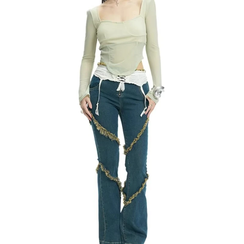 2025 Autumn New Dark Blue Slightly Stretch Slimming Burr Splicing Women's Flared Pants Vintage Design Versatile Jeans Ladies