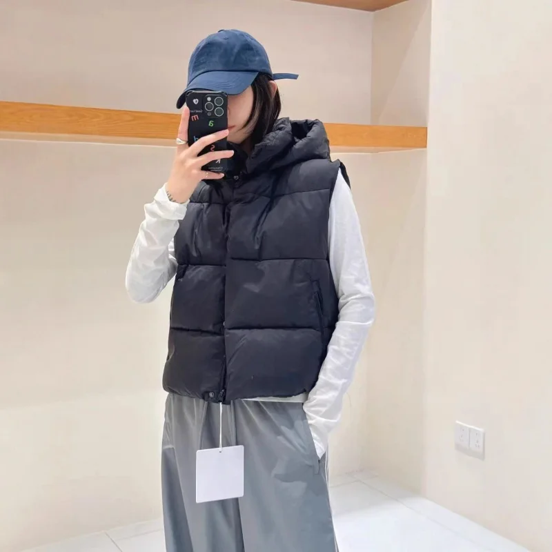 2025 Winter Women Down Puffer Vest Hooded Stand Collar Jacket Casual Sport Sleeveless Coat Warm Lightweight Fashion Outerwear
