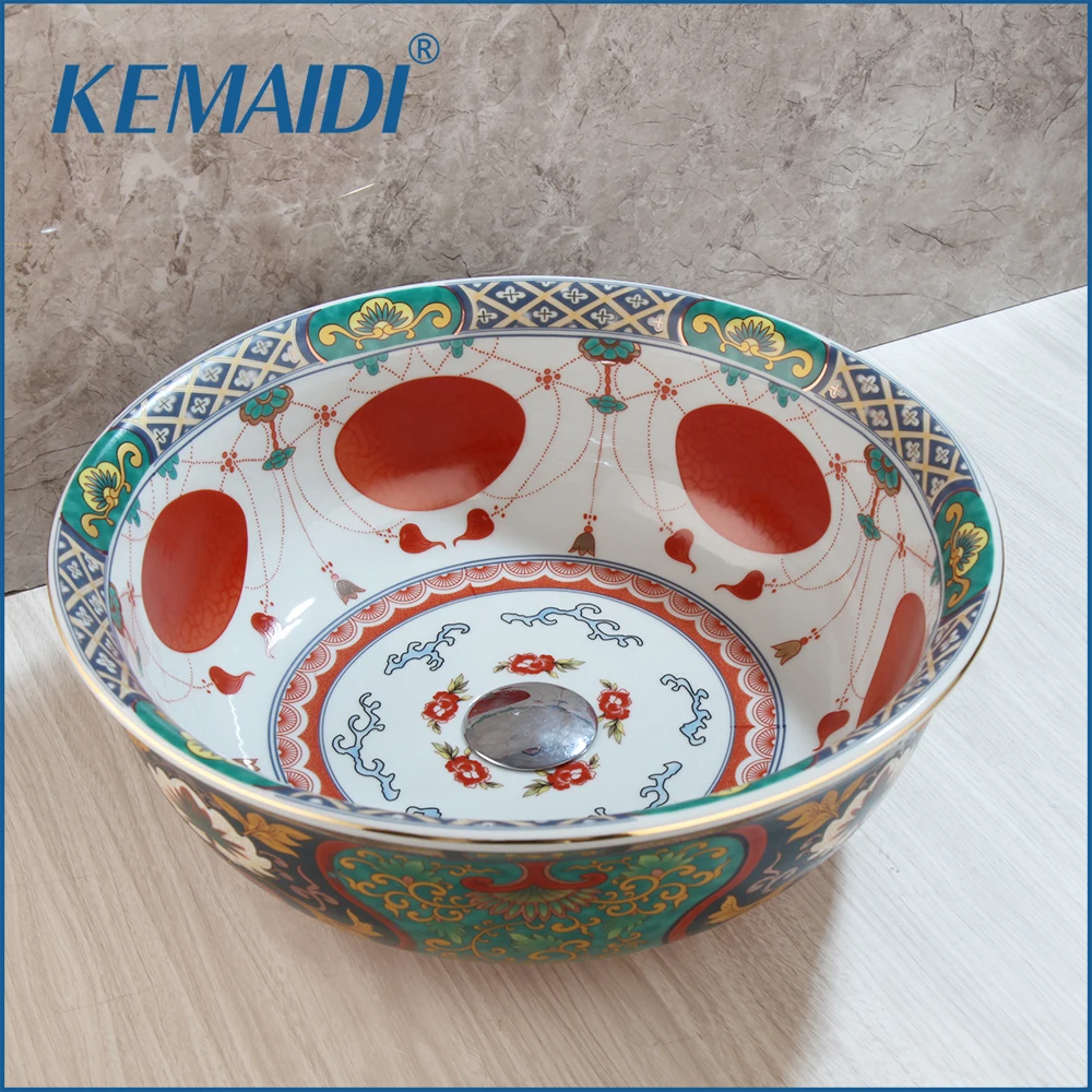 KEMAIDI Art Ceramic Vessel Basin Bathroom Sink For Bathroom Faucet Pop Up Drain White inside Basin Without Mixer Tap