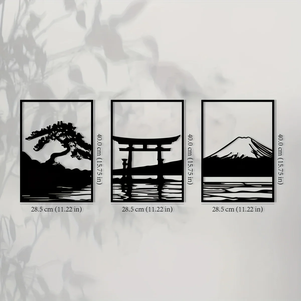 2D Flat torii gate and majestic Mt Fuji in elegant, minimalist black-and-white silhouettes a 3-piece set featuring serene bonsai