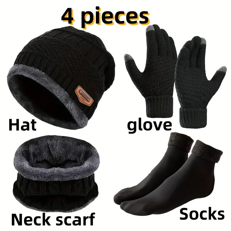 4pcs/set Winter Warmth Combination - Cold Resistant Knitted Hat+Velvet Neck+Thick Gloves+Snow Socks