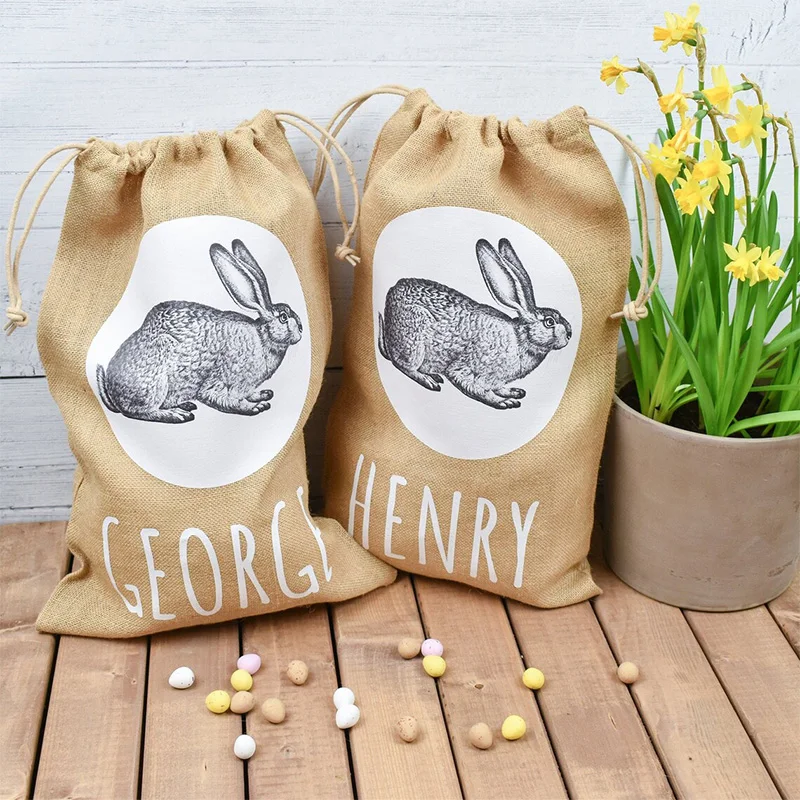 Personalised custom Bunny rabbit Jute bag happy Easter party decoration Egg Hunt basket children kid boy girl gift Sack Bucket