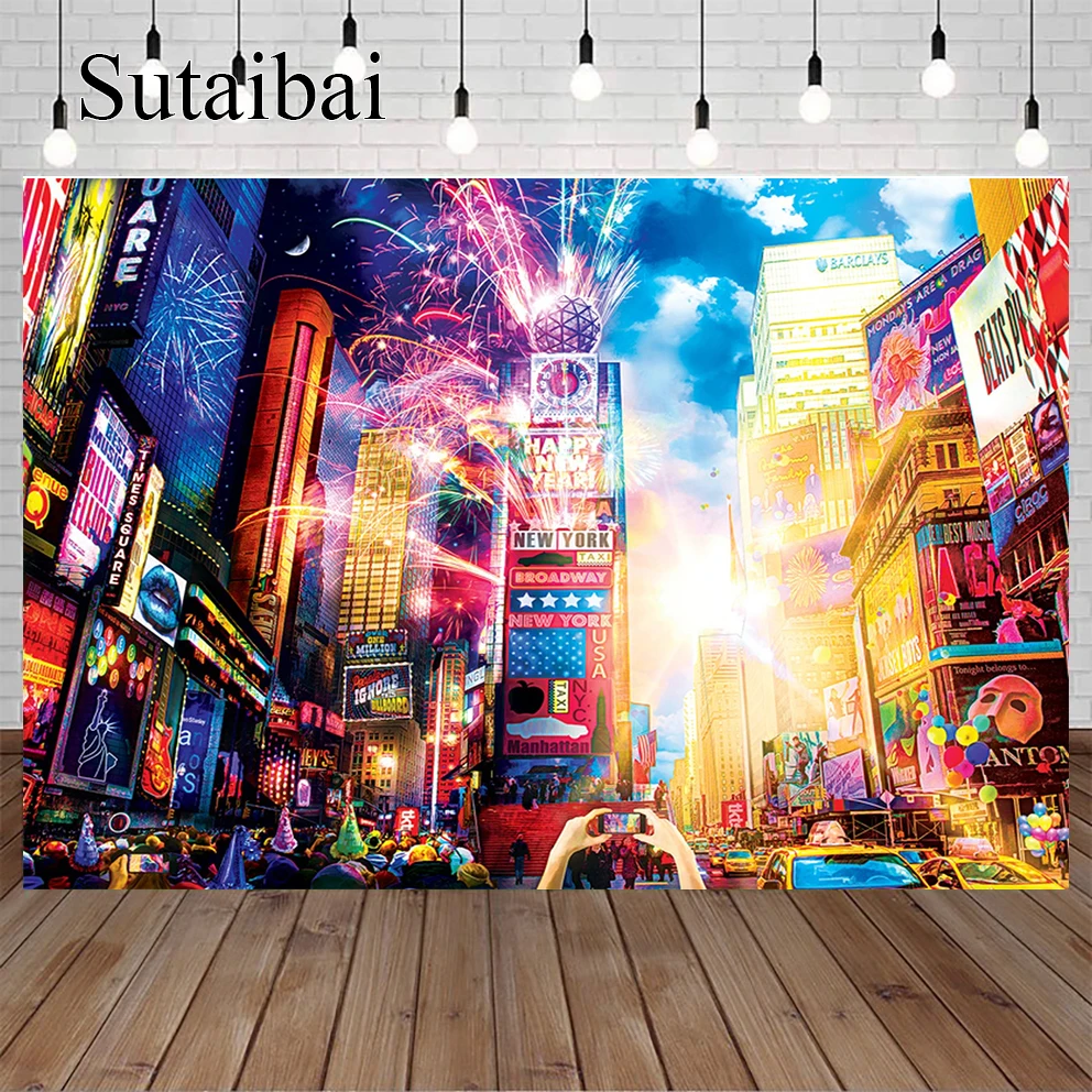Фон для фотосъемки с изображением Нью-Йорка Таймс-сквер уличные здания автомобили современный город ночной пейзаж Фотография фоны Фотофон