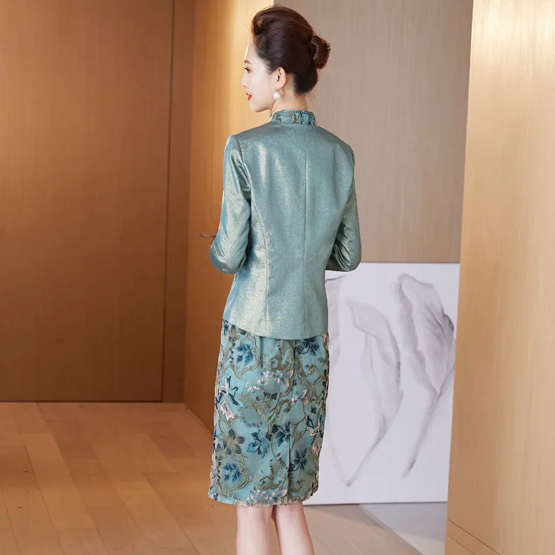 Chinese Mother of The Bride Dress Two Pieces Wedding Accasion Cheongsam Traditional Long Sleeve Qipao Evening Gowns with Jacket