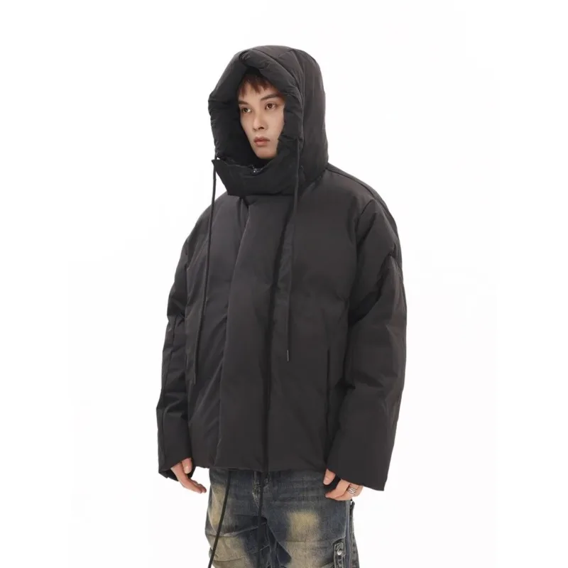 

New Winter Men's Black Thickened Hooded Cotton-padded Jacket New Style Loose Warm Cotton-padded Jacket Solid Color Simple Style