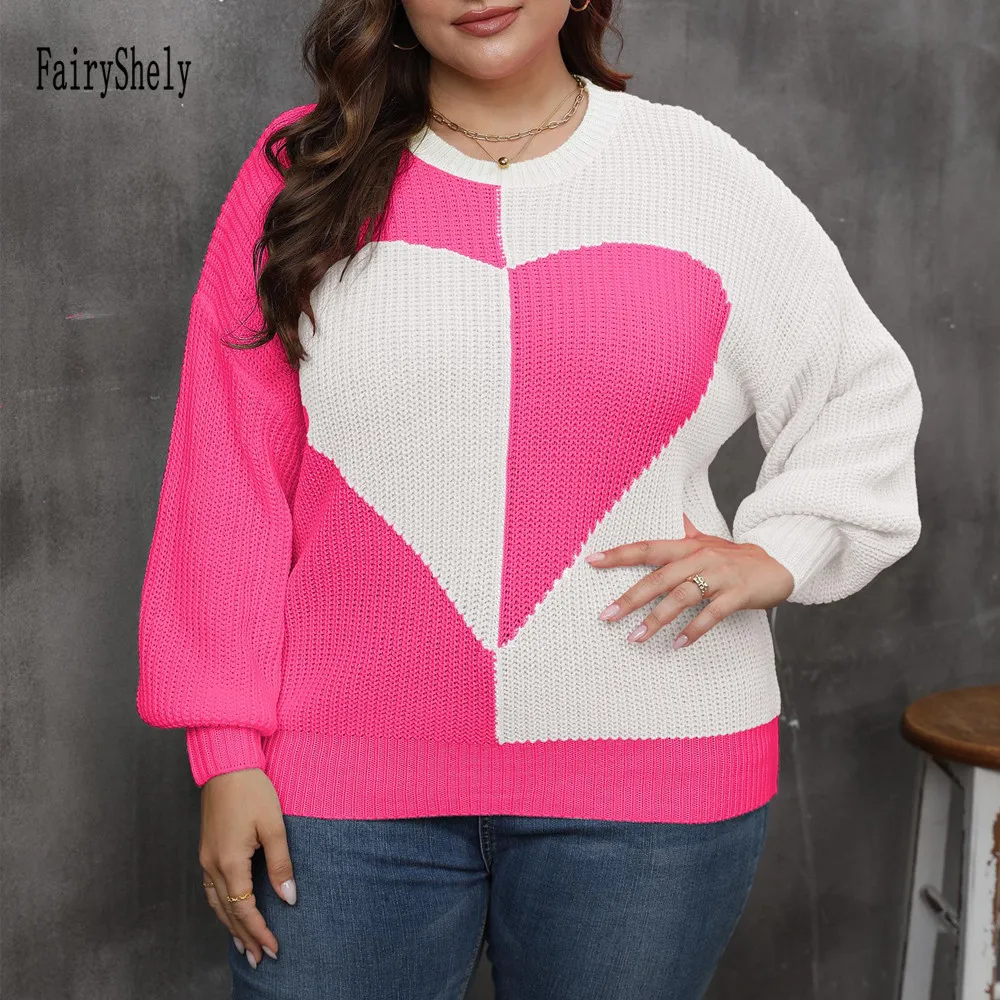 2025 Patchwork Heart sweter w dużych rozmiarach damski zimowy O-Neck duży sweter damski luźny sweter oversize duże koszulki krągła dzianina