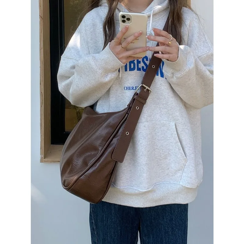 

Women Hobo Bag Simple PU Leather Solid Color Shoulder Bag Female 2024 Fashion Korean Large Capacity Handbag for Commuting School