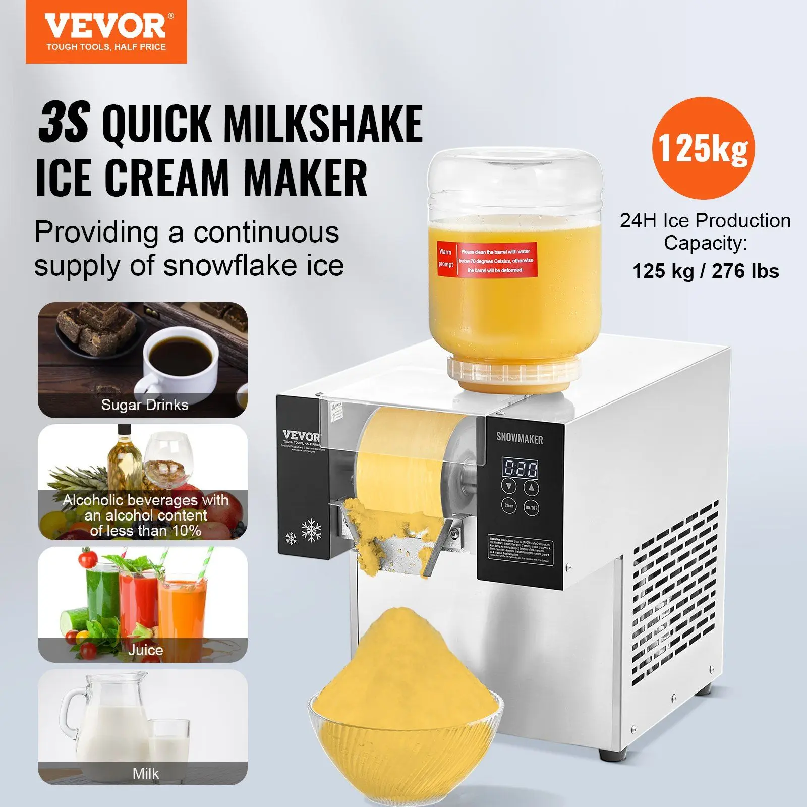 Commercial Stainless Steel 276LBS/24H Snowflake Ice Maker Electric Ice Shaver Machine Snow Cone Maker