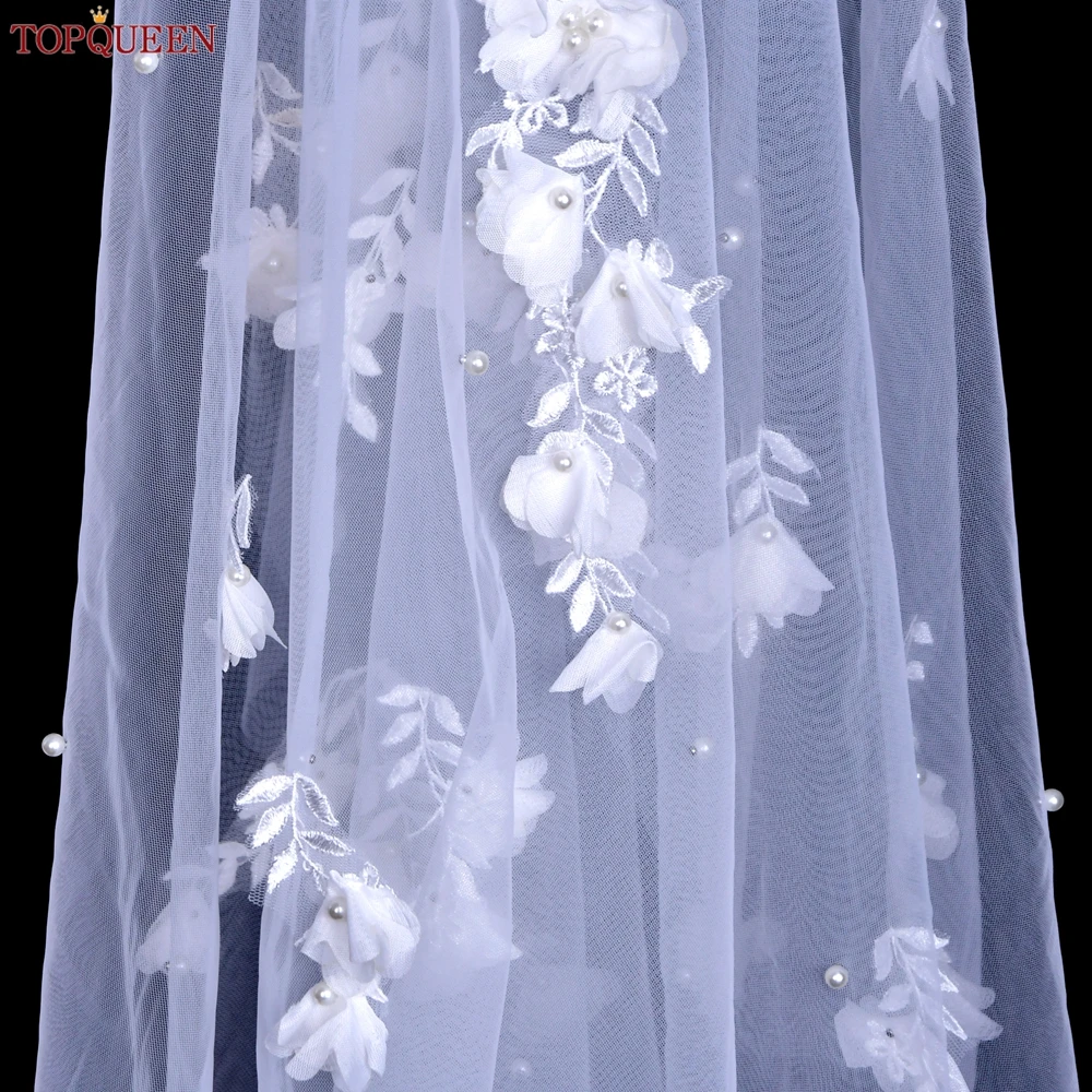 Topqueen v52 curto 3d flores véu de casamento com pérolas véus de noiva casamento curto ombro comprimento véu noiva curto flor