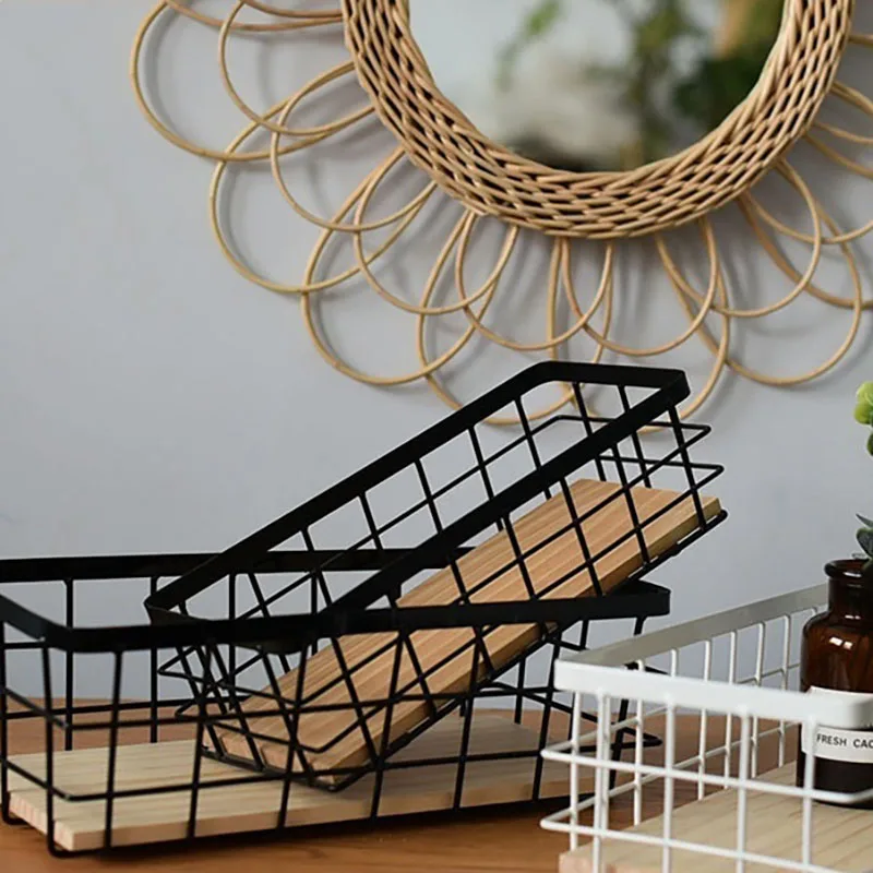 Metal Wire Basket, Decorative Wood Base Organizer for Bathroom, Kitchen, Basket for Toilet Paper Storage, Sugar Packet, Coffee