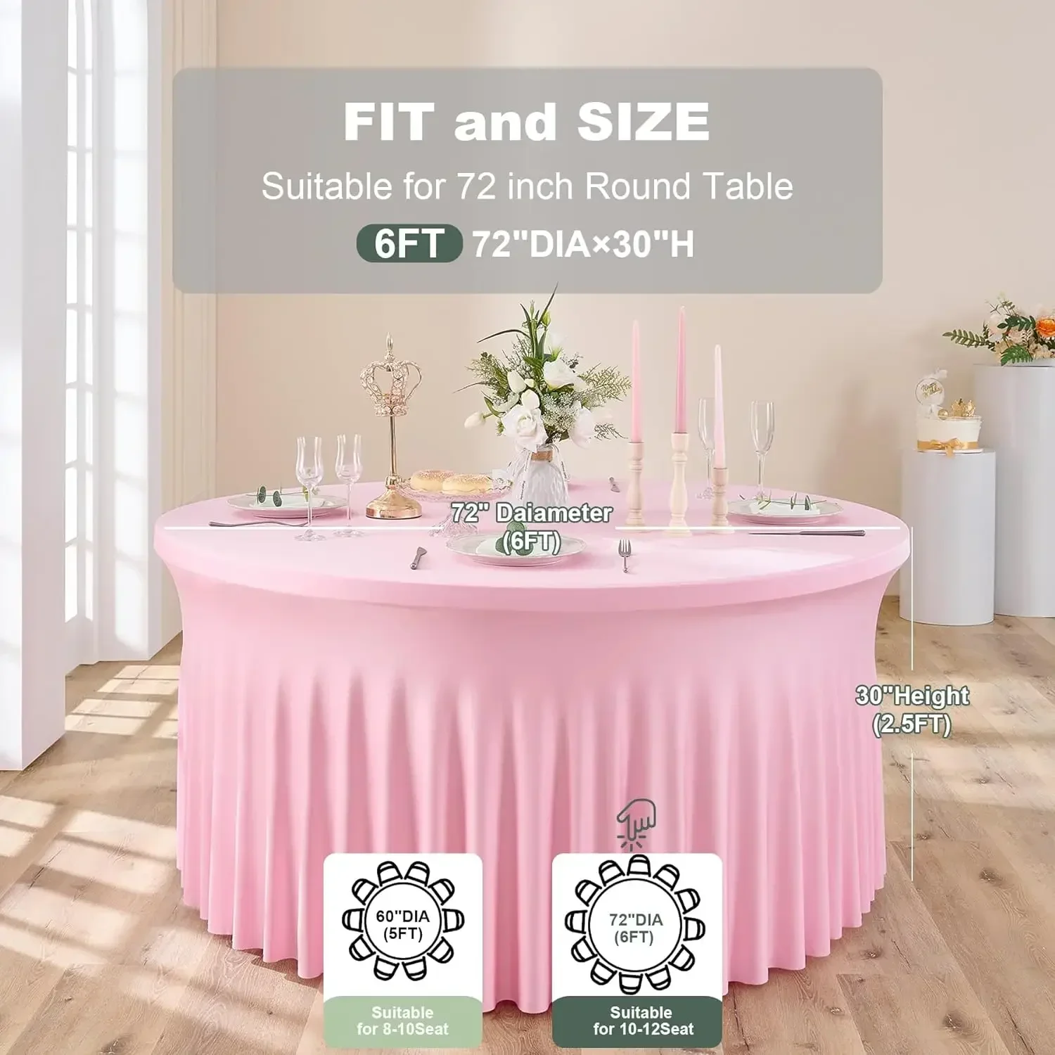 8 Pack Baby Pink Spandex Round Table Cloth for 72 in Tables, Stretchy Fitted 6FT Tablecloths with Skirt for Wedding Party, Wrink