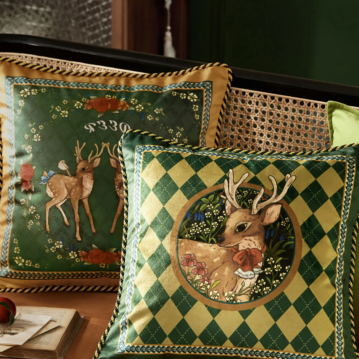 Green Short Plush Pillow Cover American Pastoral Style Home Decor Items Deer Pattern Handmade Edging Dakimakura Customization