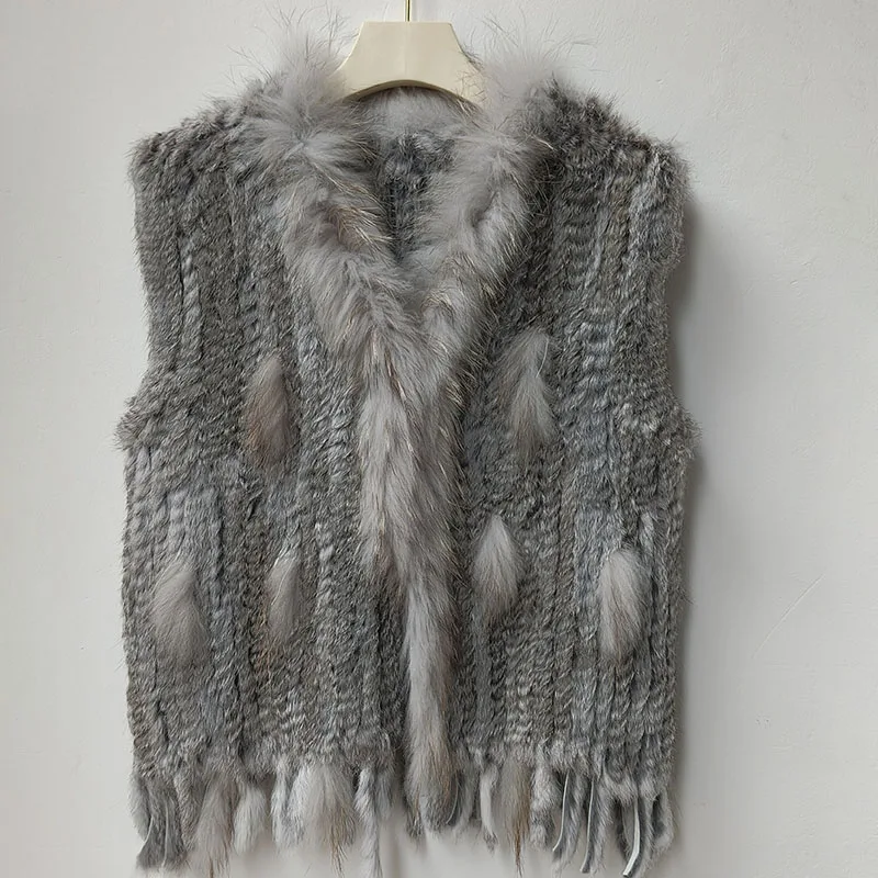 2025 Autumn Knitted Real Rabbit Fur Vest Women Warm Winter Genuine Fur Gilets Female Causual Genuine Fur Waistcoat