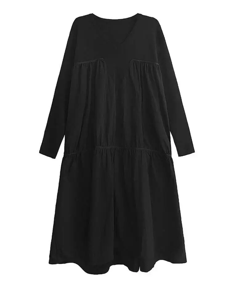 Feminino preto voltar longo irregular tamanho grande tricô vestido novo decote em v manga longa moda maré primavera outono
