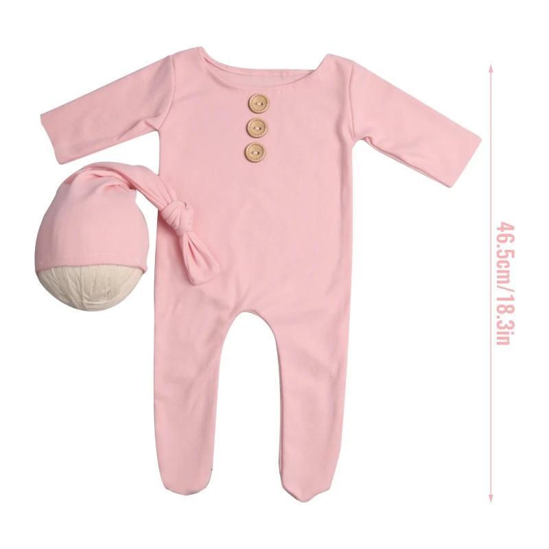 RIRI 2 Buah/Set Baju Monyet Panjang Bayi Baru Lahir dengan Kancing Topi Simpul Pakaian Properti Foto Coverall Bayi Warna Polos