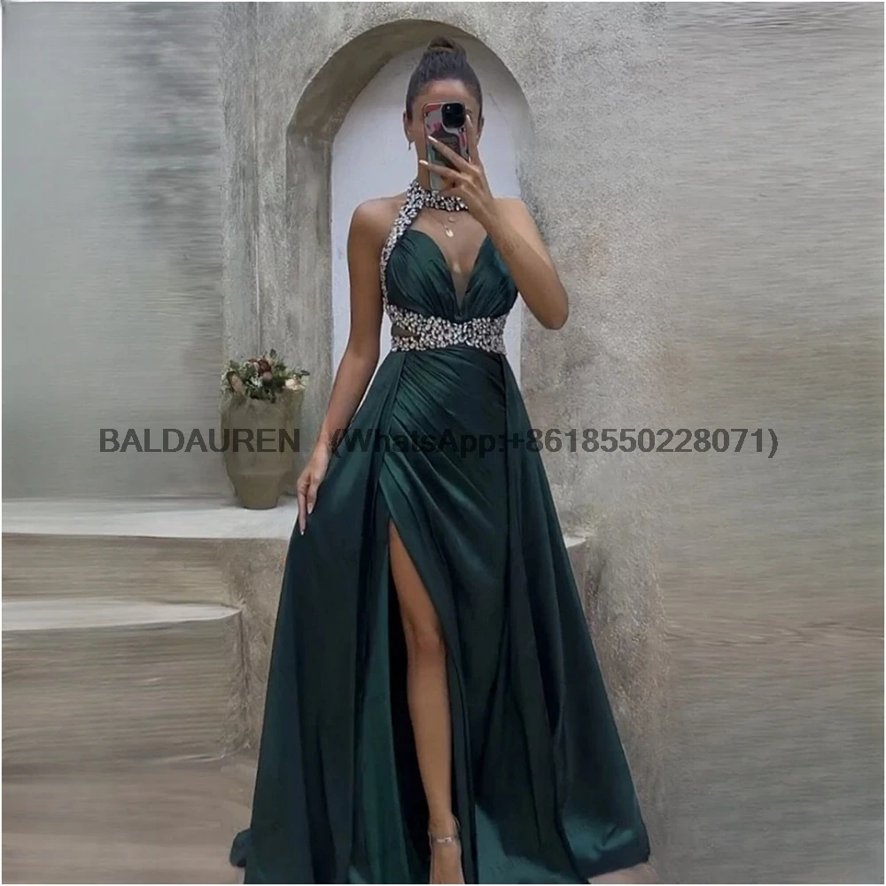 Dark Green Sleeveless Party Dresses A-line Halter Neck Vestidos De Fiesta