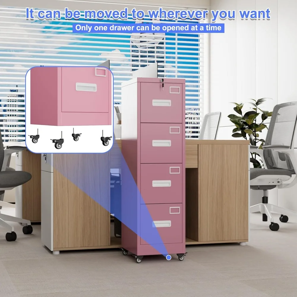 خزانة ملفات عمودية قابلة للقفل بأربعة أدراج مع عجلات، وخزانة تخزين مكتبية متنقلة، ومقبض، وحامل بطاقة الاسم، ووضع موفر للمساحة