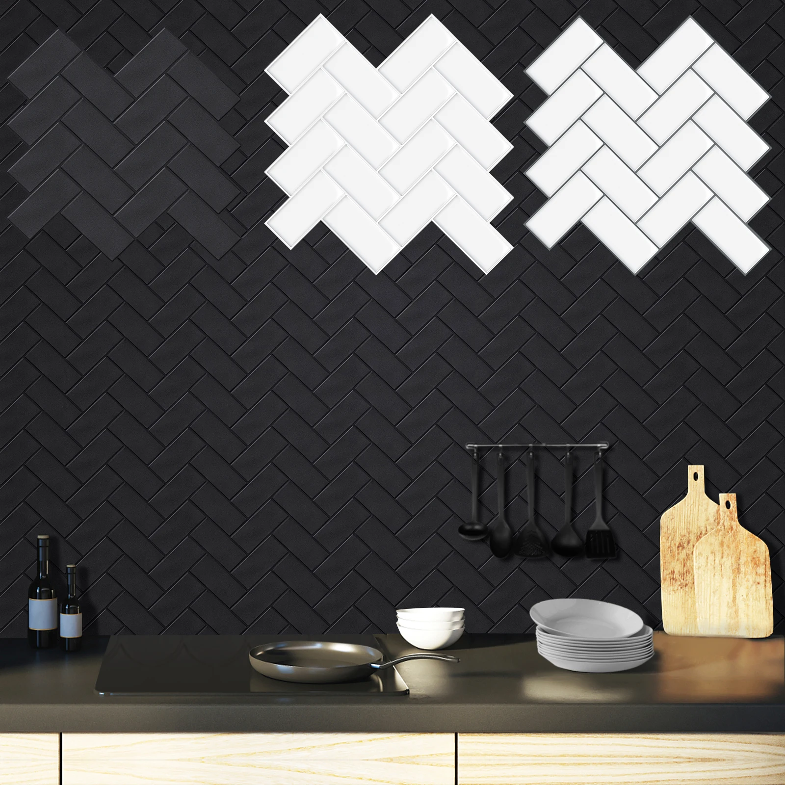 10 Pieces Peel and Stick Herringbone Wall Tiles DIY Kitchen Backsplash Big SIze Wall Sticker Waterproof Vinyl Wallpaper for Home