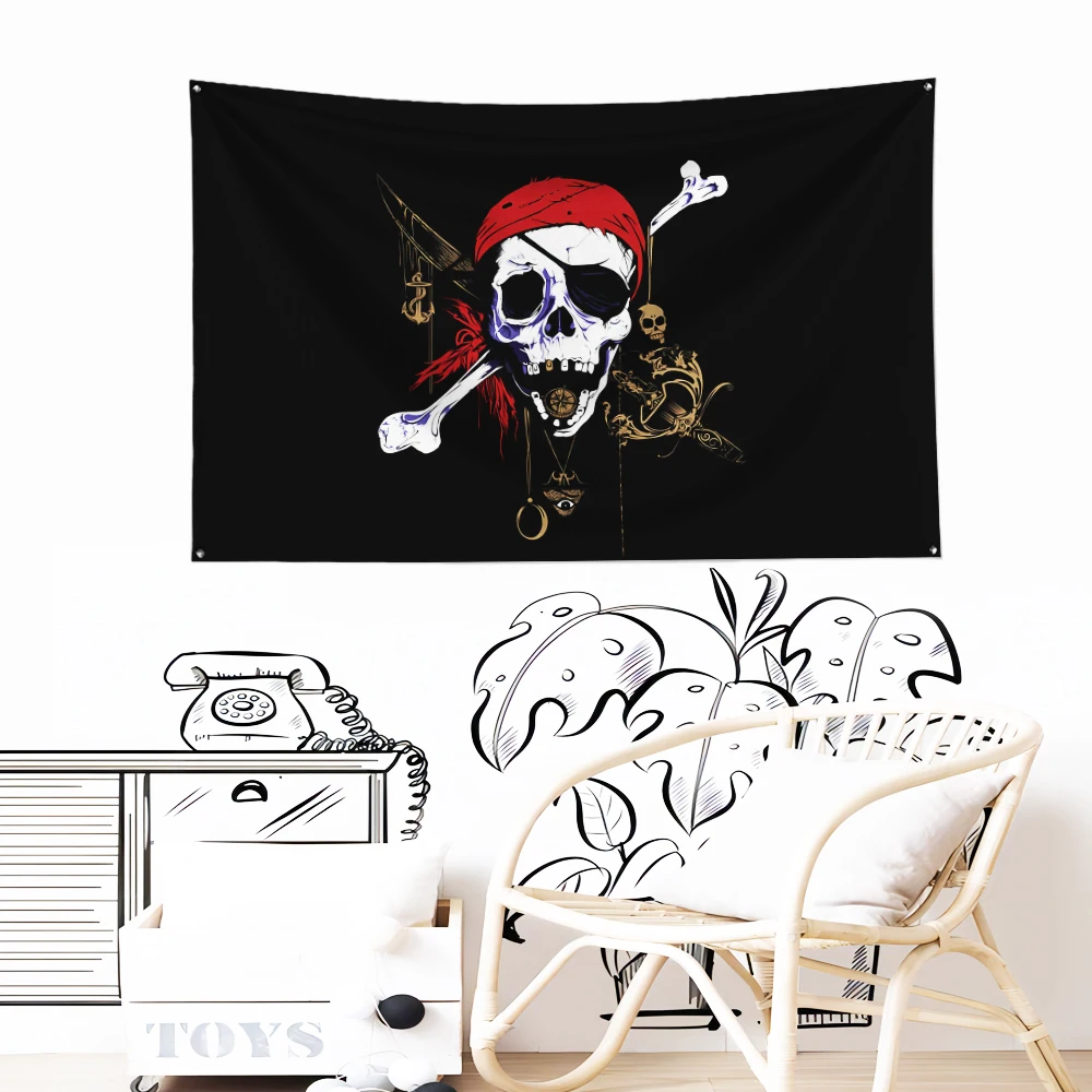 3x5 Ft Pirate Skull Captain Flag Polyester Digital Printing Banner for Garage Wall Art Out Door Decoration With Brass Grommets