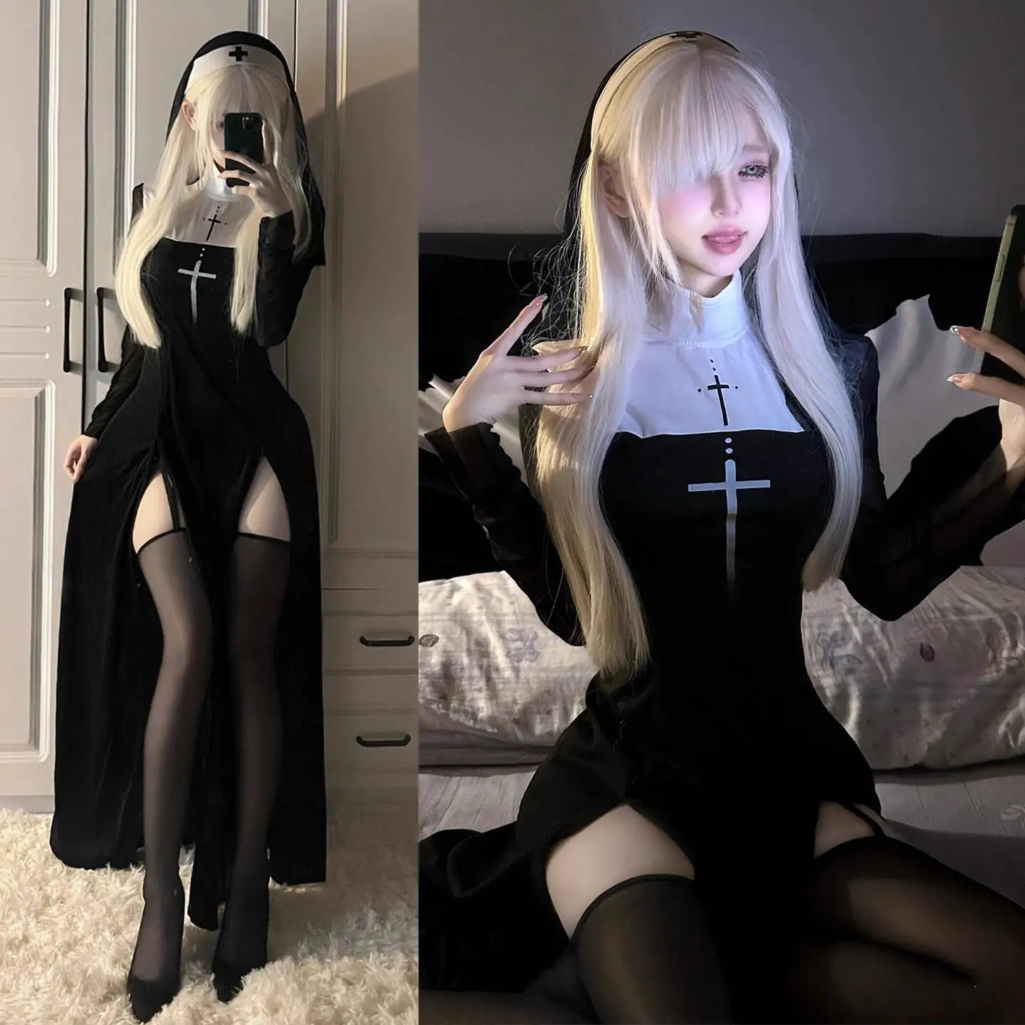 

Табу монахиня Хэллоуин косплей чистое желание темное платье монахини сексуальная униформа с высоким разрезом женский костюм якоря