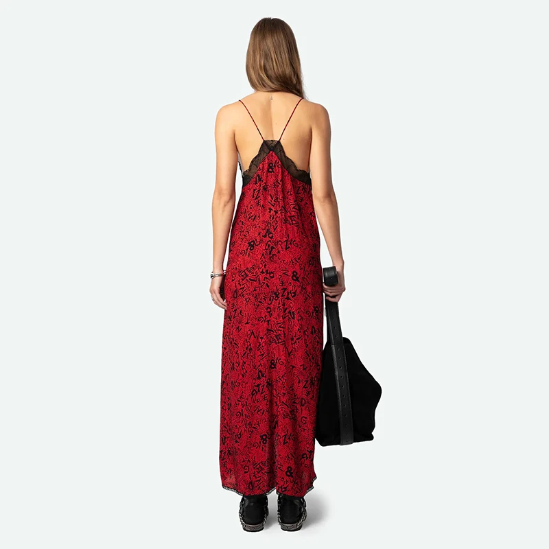 Zadig Summer Dress Woman Sexy Lace Splicing Halter Dresses Female Elegant Silk Sexy V-Neck Black Print Fashion Lady Red Robes