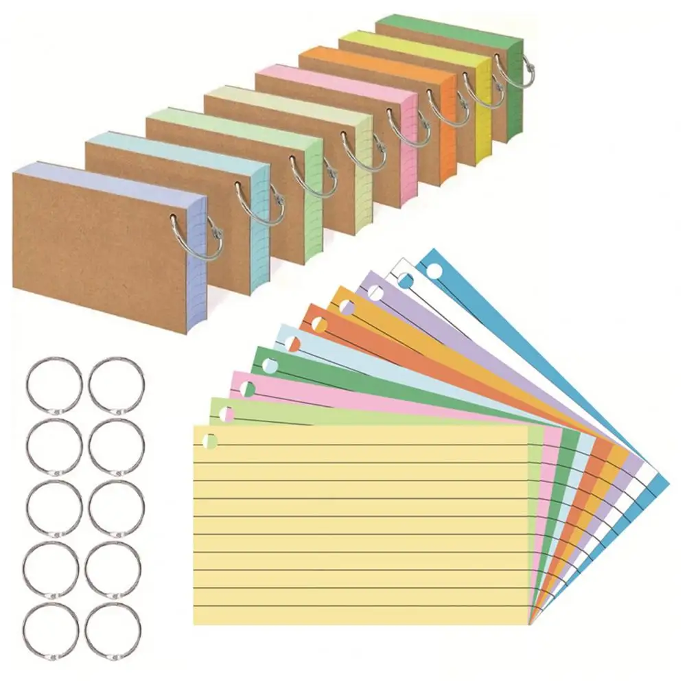 Kraft Paper Colored Index Cards Flash Cards with Metal Ring Thickened Paper Lined on Both Side Notecards Ruled Study Card