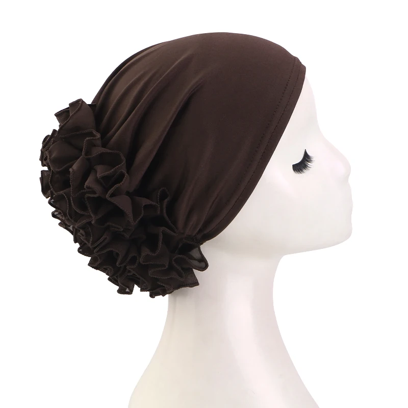 Neuer atmungsaktiver Chiffon-Hut mit großen Blumen, einfarbig, dünne Bodenkappe, islamischer Kopfwickel, elastischer Anti-Haarausfall-Hut für Damen – Detail 9