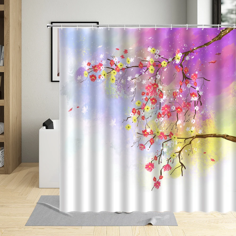 Chinese Style Shower Curtain Red Ink Flower Plum Pink Cherry Blossom Floral Bird Pattern Bathroom Decor Polyester Curtains Sets