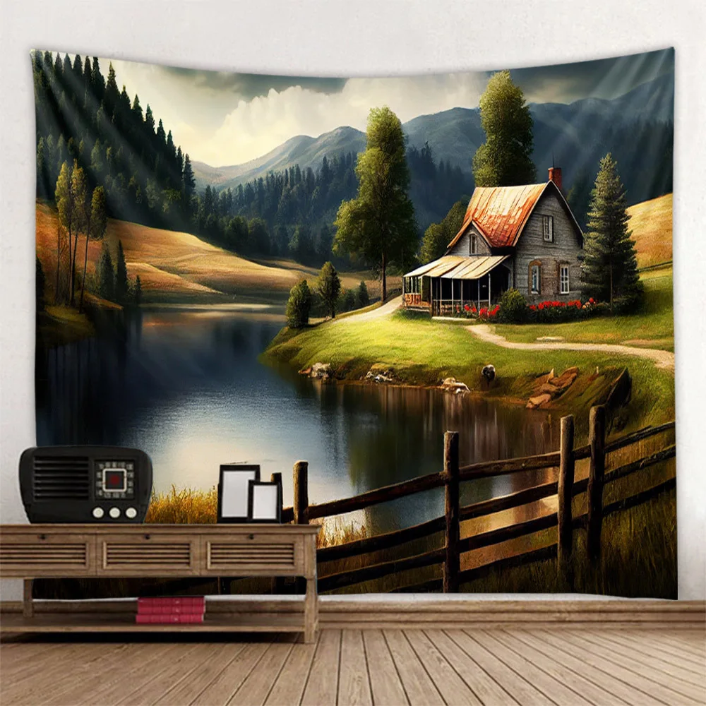 Beautiful wooden house, floral tapestry, forest landscape, home decoration hanging cloth, living room dormitory background cloth