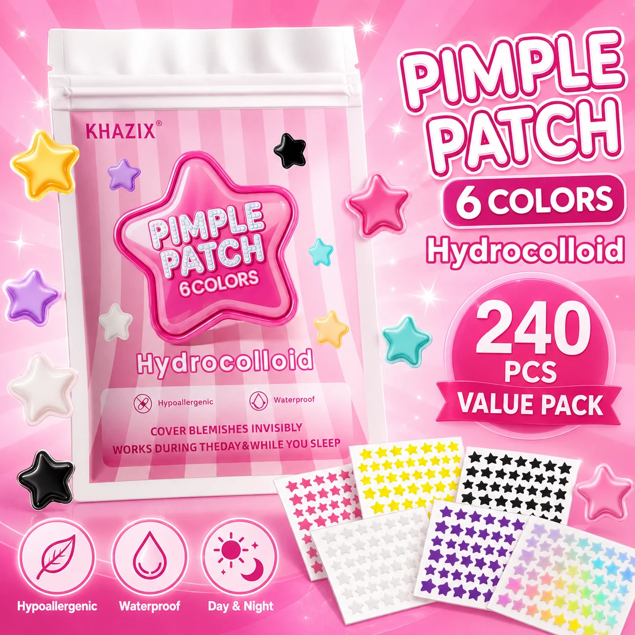 240PCS Star Pimple Patches For Face Hydrocolloid, Absorbing Cover, Tea Tree, Hydrocolloid Acne Patch, Cute Star Pimple Patch