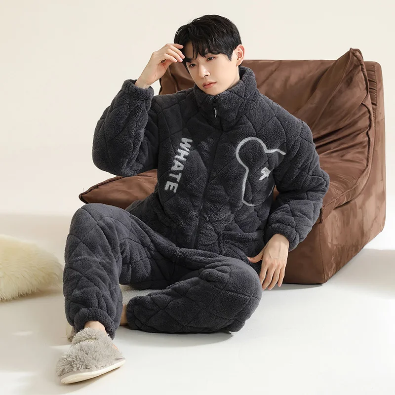 High Quality Winter Men Pajamas Set Thick Warm Men Sleepwear 3 Layer Clip Cotton Pyjamas