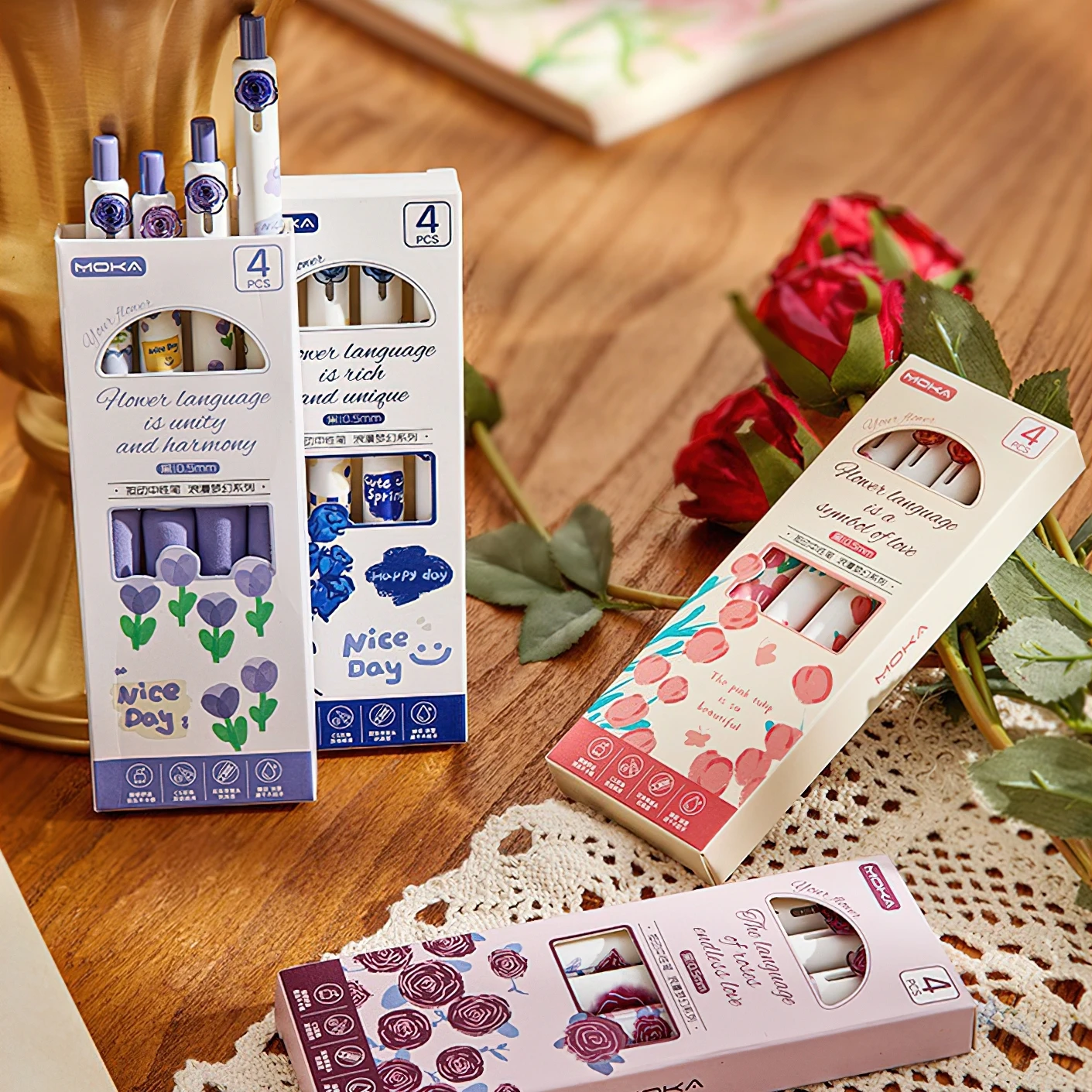 4pcs Rose Flower Gel Pens Set Multi Floral Pattern Soft Holding 0.5mm Ballpoint Black Color Ink for Writing A7712