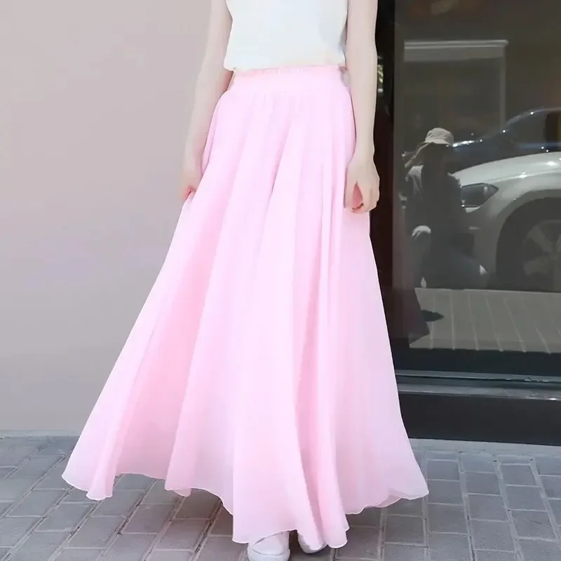 New Summer Chiffon Skirts Plus Size Full-Length Skirt High Waist Elegant Dance Skirt Pink Black Red Royal Blue White Long Skirts