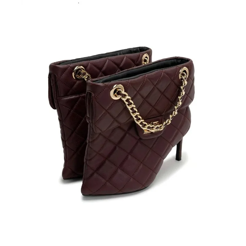 

2026 Autumn/Winter, PU Women's Boots, New Designer Handbag Bare Boots, Metal Chain High Heels, Fashionable Runway Women's Shoes