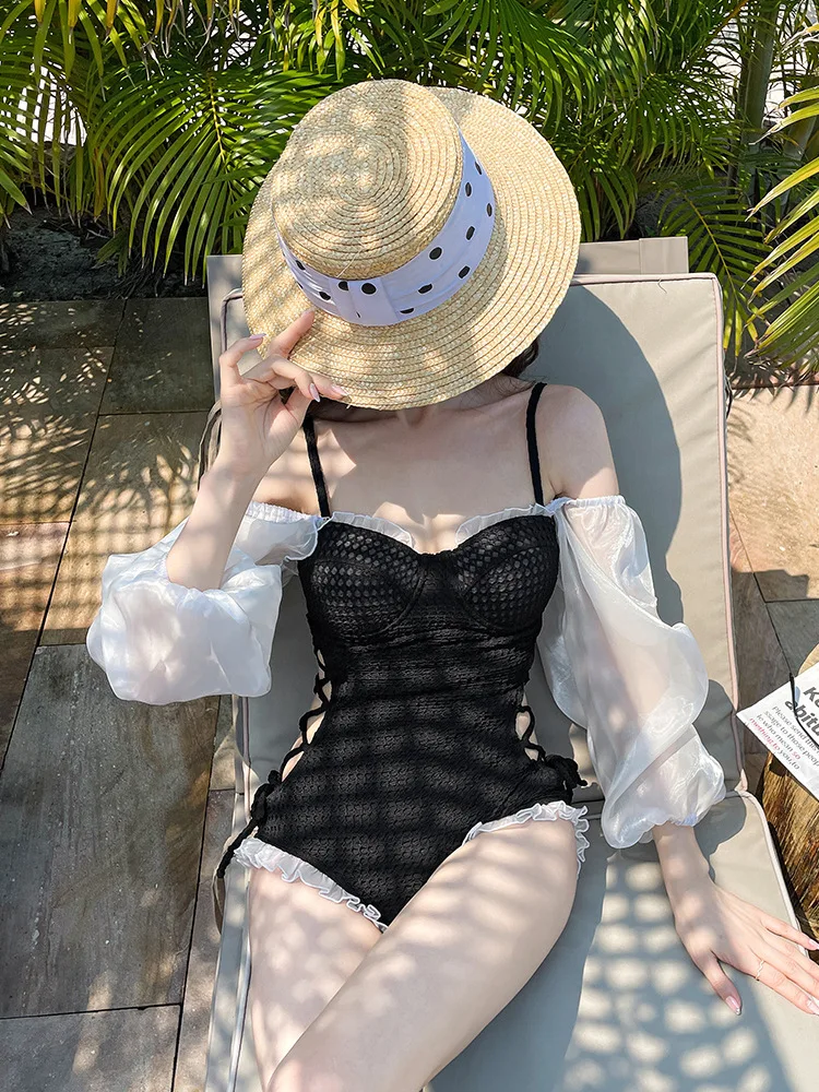 2024 Swimsuit Women'S One-Piece Korean Style Flat Angle Sexy Lace Tie Open Waist Suspender Balloon Sleeves Swimwear Monokini