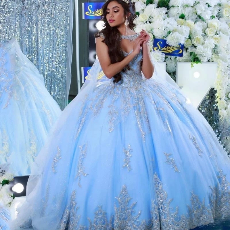 

Charming Blue Ball Gown Quinceanera Dress 2023 Elegant Illusion Beaded Appliques Sweet 16 Princess Dress Pageant Vestidos De 15