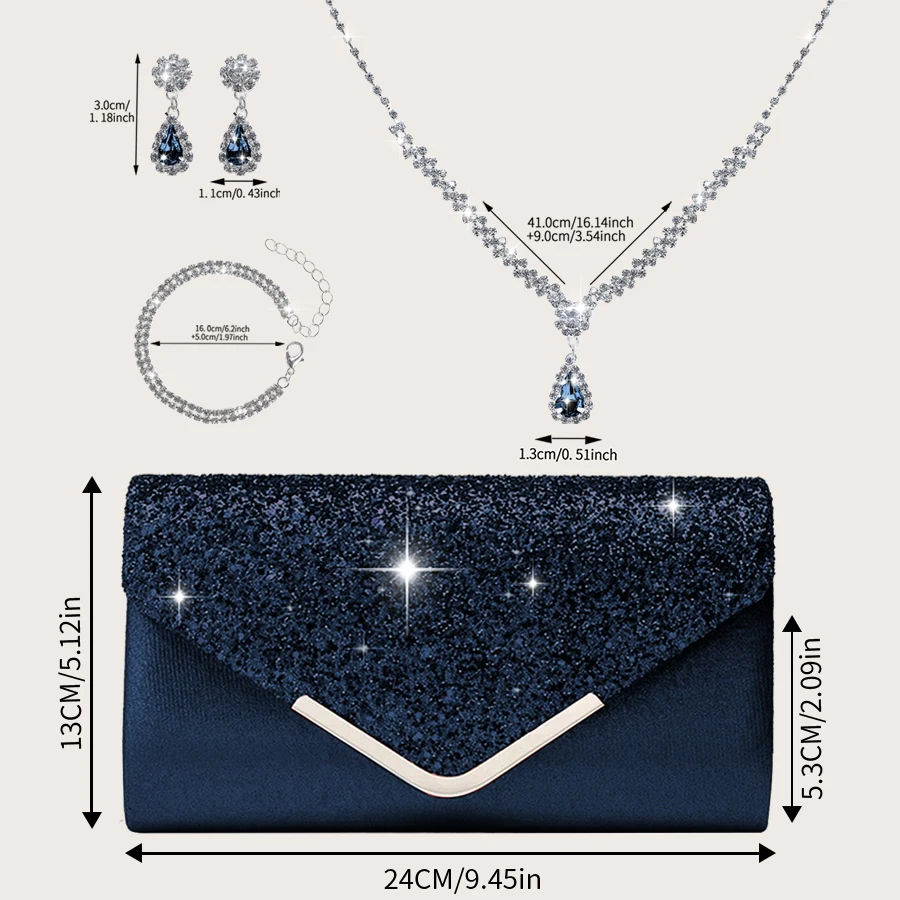 Gorgeous and elegant sparkly women's clutch bag, paired with a gorgeous rhinestone necklace, earrings and bracelet set of four. view 3