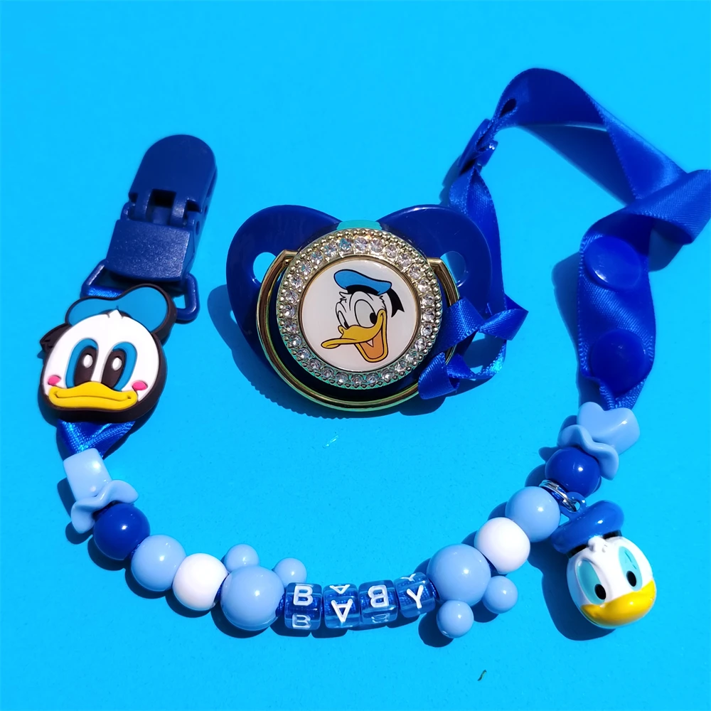 Donald Duck Shape Bell Beads Custom Any English Letters Pacifier Clip Elastic Hairband Baby Sucking Soother Baby Shower Gift Set