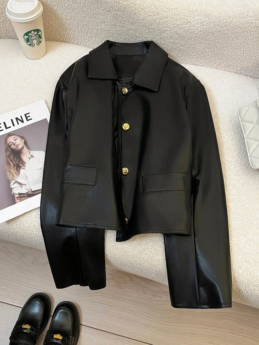 Autumn and winter women's casual solid color lapel long sleeved pocket decoration short jacket