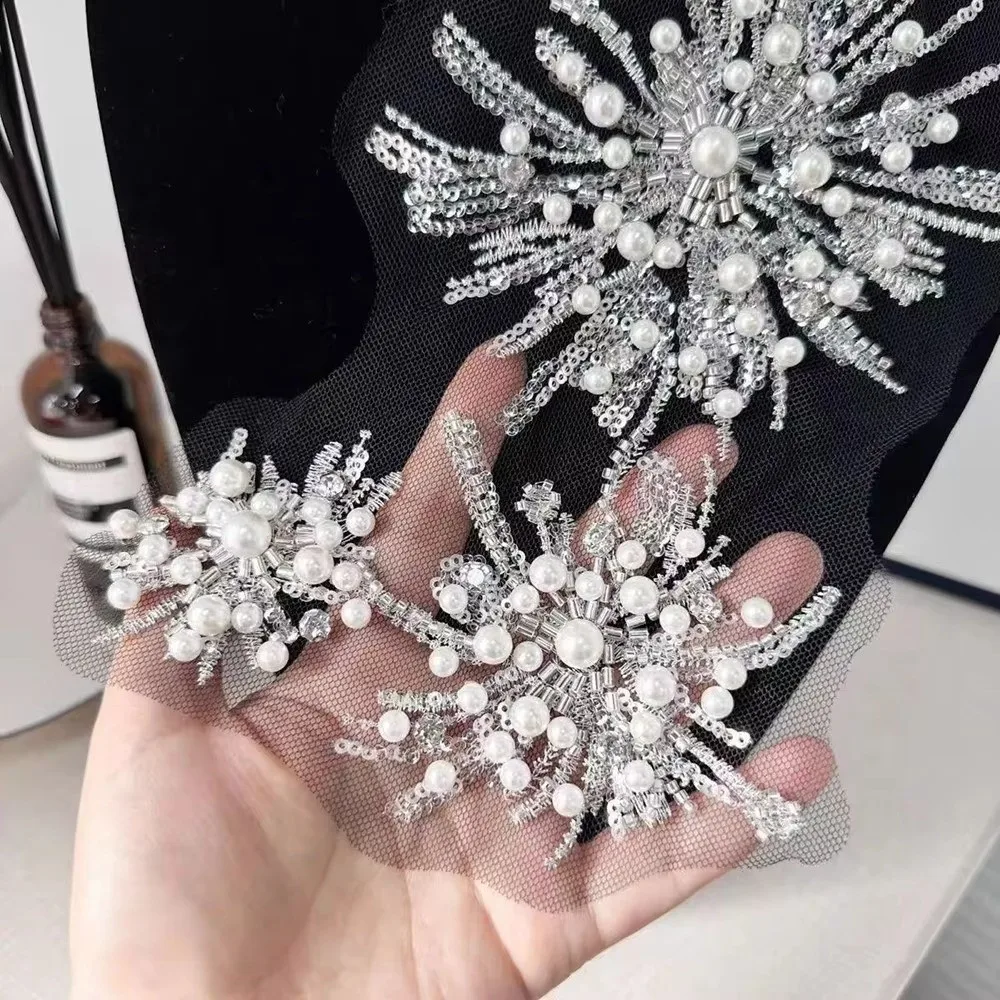 

3Pcs New Flower Shape Beaded Applique Patches Sparkling Sew-on Flower Beads Patch Handmade Bridal Gowns Decoration