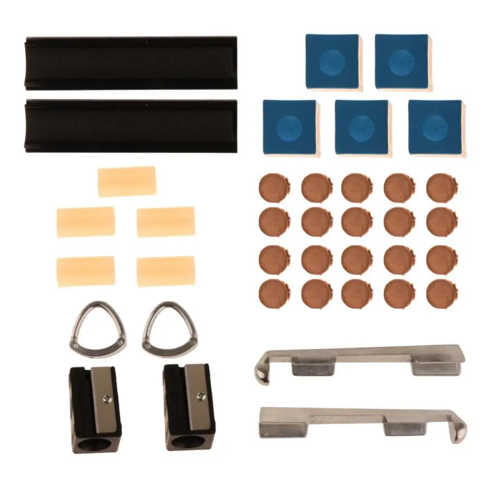 

Набор для ремонта бильярдных киев: 5 кусков мелка, 2 зажима для наконечников, 20 наконечников для бильярдных киев, профессиональное оборудование для снукера и бильярда