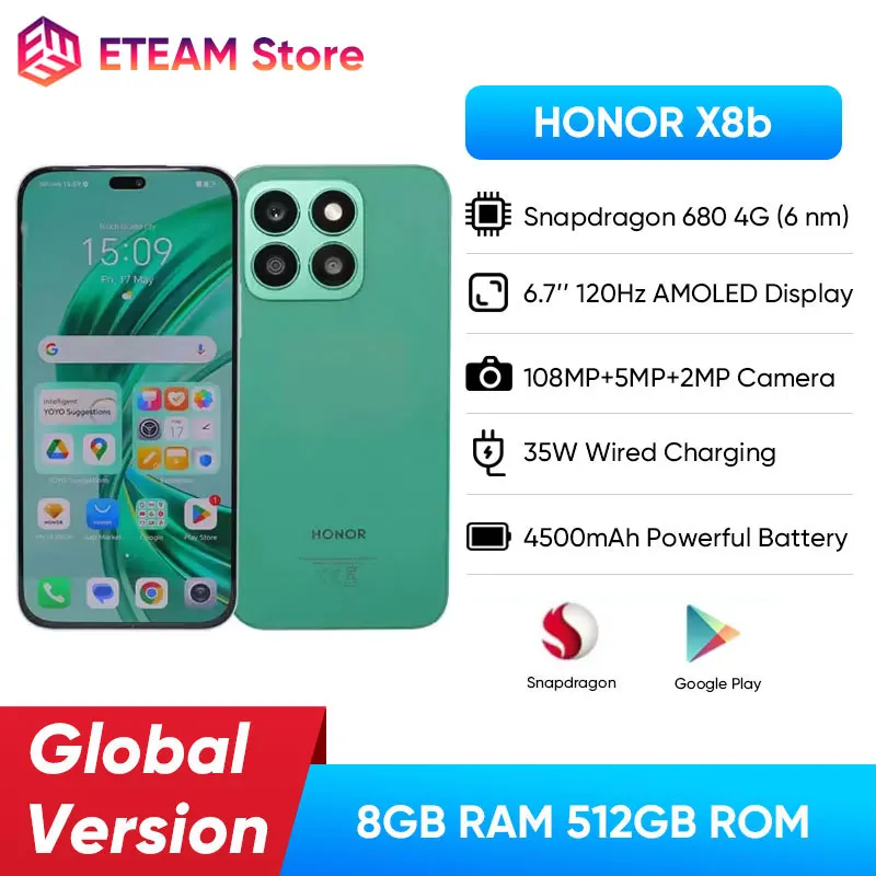 HONOR X8b Smartphone Snapdragon 680 8GB RAM 512GB ROM 6.7 inches 90Hz Refresh Rate Display 4500mAh Battery 108MP Camera x 8b 8