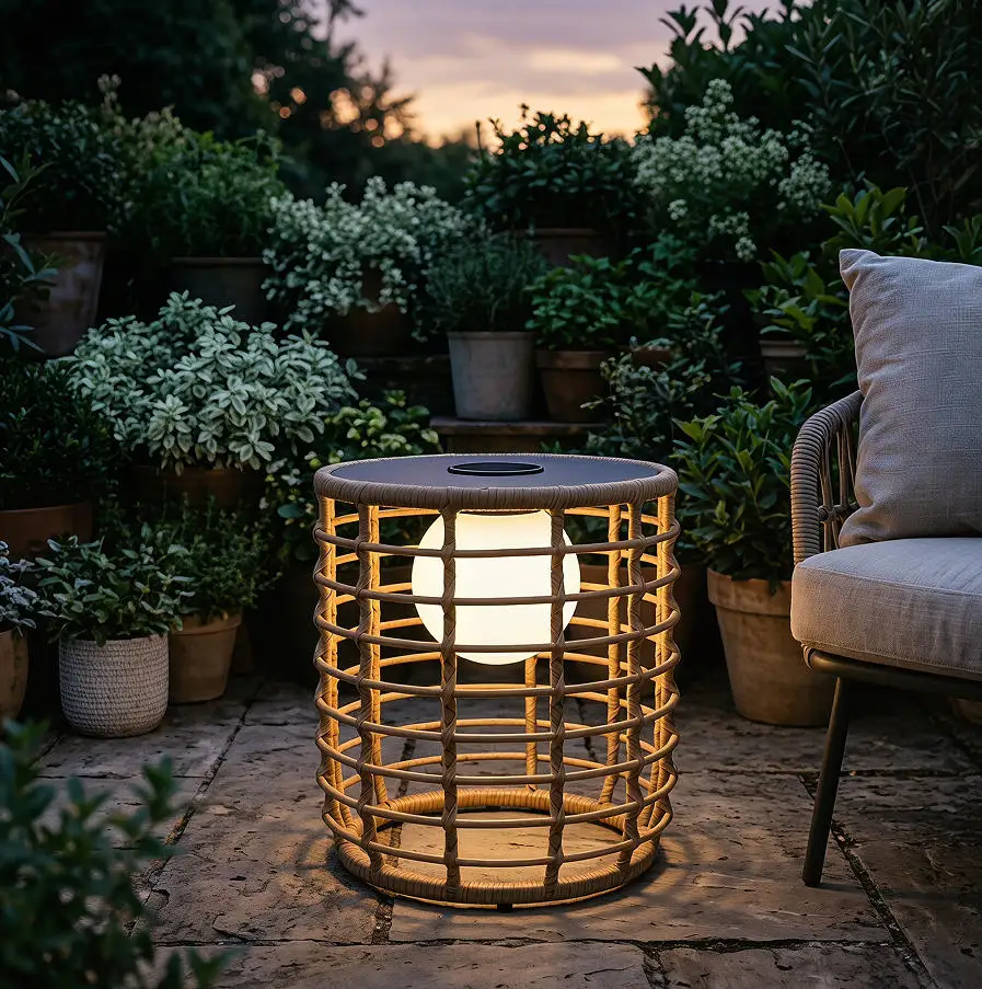 Outdoor Floor Solar Light Patio Lamp  Lantern - Natural Coffee Table Set LED Deck Lamp for Porch, Yard, Garden, Lawn Decorations