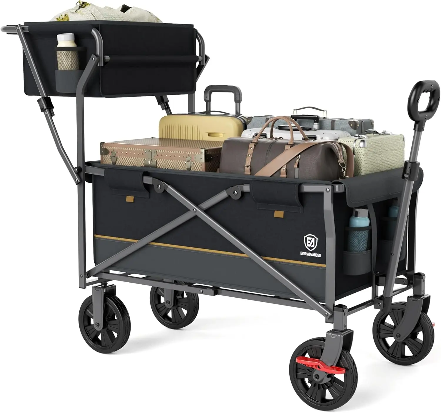 

Collapsible Push & Pull Shopping Cart with Wheels & Brakes, Foldable Wagon for Groceries with Practical Basket, Side Pockets & C