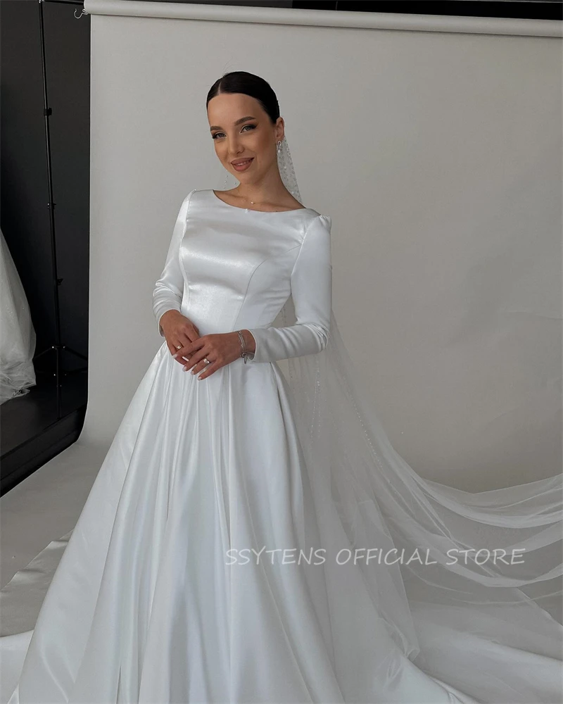 Israele nuovi arrivi abiti da sposa elegante principessa in raso maniche lunghe abiti da sposa abito A Line Queen Vestido De Noiva